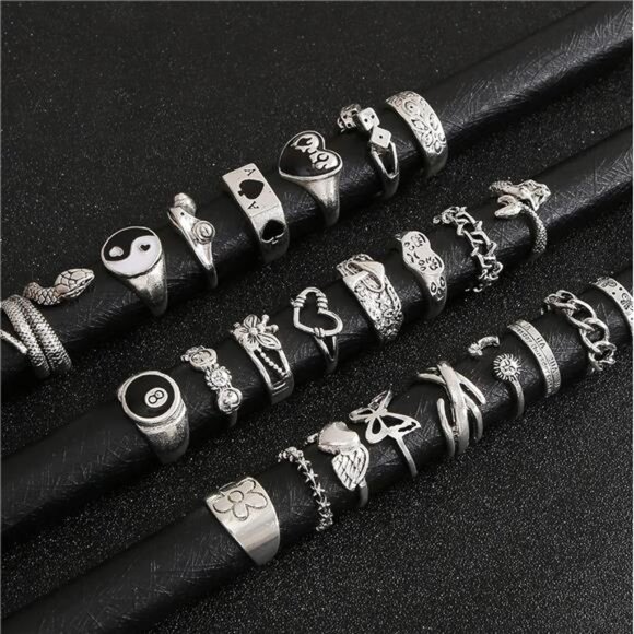 Vintage Silver Open Punk Rings for Men Women, 24PCS Adjustable Rings, Alt Rings - Picture 5 of 8